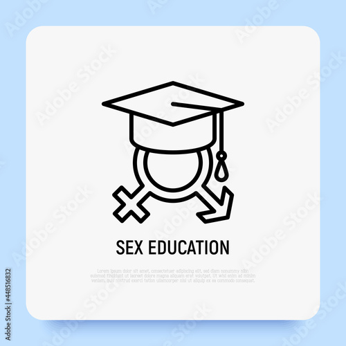 Sex education thin line icon. Gender symbols in mortarboard. Modern vector illustration.