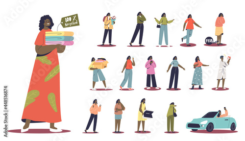 Set of cartoon mix race african american girl hold recycle clothes in lifestyle situations and poses