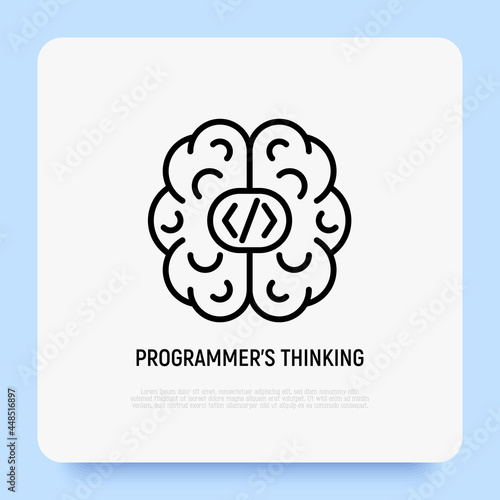 Programmer's thinking thin line icon, human brain with code symbols. Developer, professional solution for web development. Vector illustration.