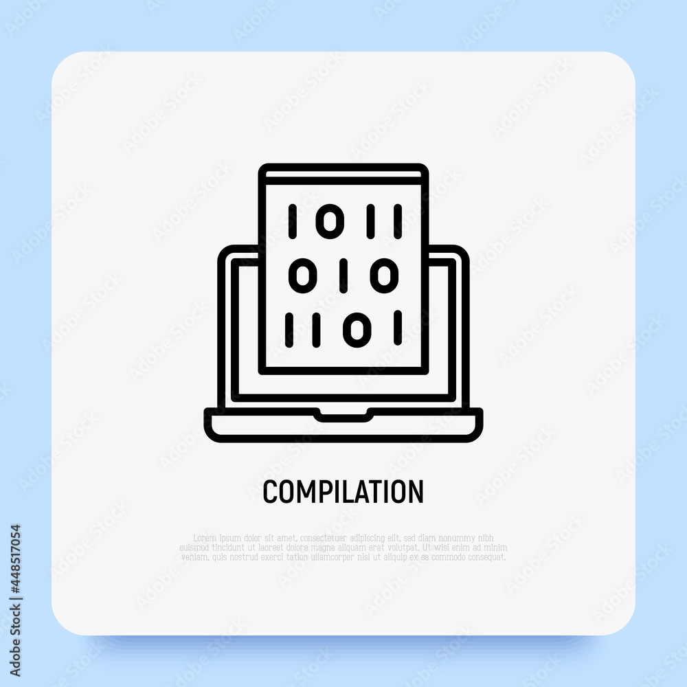 Program compilation thin line icon, open laptop with code. Modern vector illustration. Program compilation thin line icon, open laptop with code. Modern vector illustration.