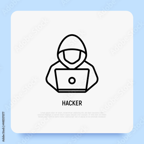 Hacker in hood with laptop thin line icon. Modern vector illustration.