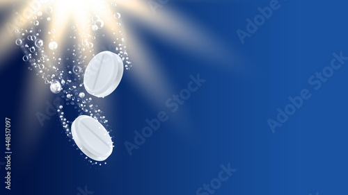Effervescent Soluble Medical Drug Copyspace Vector. Pharmacy Headache Treatment Drug Tablet With Bubbles Trace Solubling In Water And Sun Lighting. Medicine Therapy Template Realistic 3d Illustration