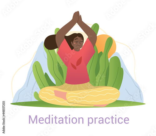 Black woman meditating outdoors in nature in the lotus pose with summer sunshine and tropical plants in healthy lifestyle concept, vector flat cartoon vector illustration isolated on white background