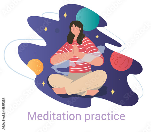 Meditation concept with serene woman in the lotus pose meditating with hands clasped in prayer  colored flat cartoon vector illustration isolated on white background with text on white