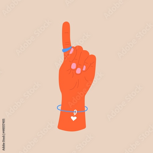Woman hand showing one finger. Female hand counting one, hand with one finger raised, abstract flat vector illustration