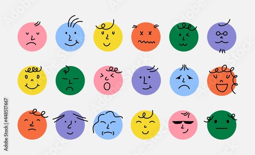 Abstract smile face icons. Cartoon round emoji avatars, emoticon character set, funny doodle isolated vector elements