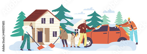 Happy Family Characters Parents and Kids Shoveling Snow from House Front Yard Using Shovels and Brushes, Cleaning Road