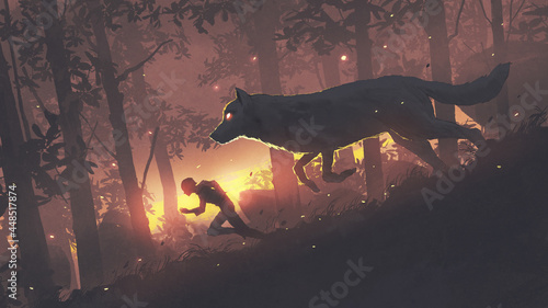 A man running in the forest with his legendary wolf, digital art style, illustration painting