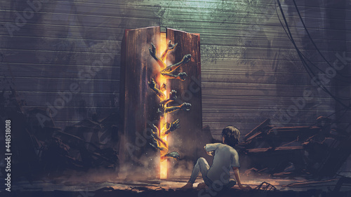 The child scarying to see the hands sticking out from the old cabinet, digital art style, illustration painting