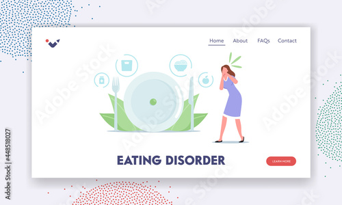 Eating Disorder Landing Page Template. Woman Feel Nausea while Watching on Food. Anorexia or Bulimia Unhealthy Life
