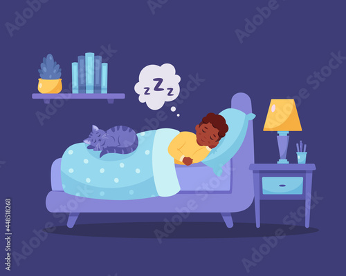 Little black boy sleeping in bedroom with cat. Healthy sleep. Vector illustration