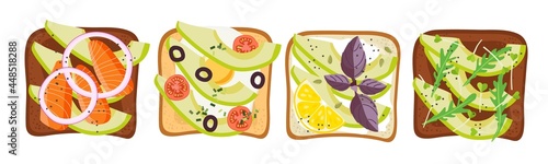Avocado Sandwich set. Healthy snack. Toasts with different healthy ingredients vector flat isolated on white. For menu, cafe, restaurant, poster, banner, emblem, sticker. Healthy eating recipe.