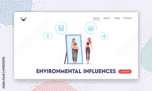 Environmental Influences Landing Page Template. Woman Hate Appearance in Mirror Look herself Fat. Anorexia or Bulimia