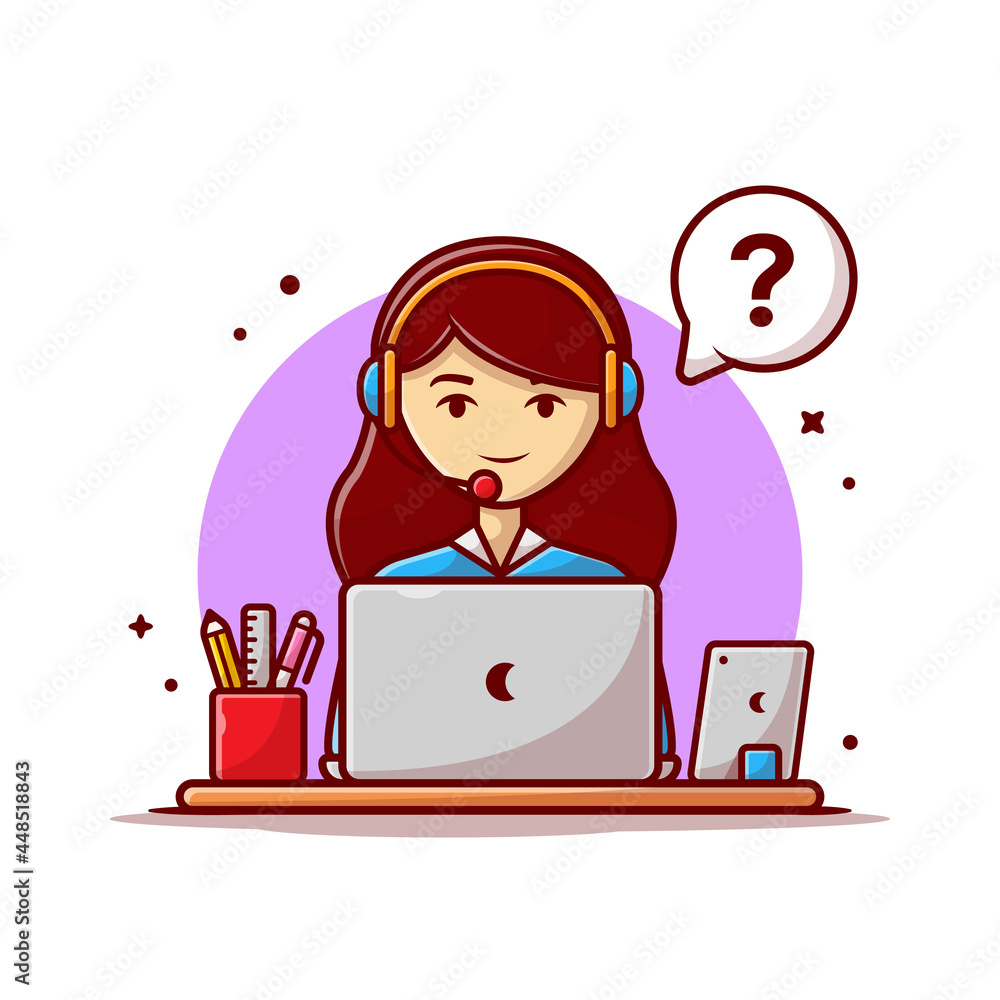 Woman customer service working on laptop with headphone. People Business Icon Concept Isolated Premium Vector. Flat Cartoon Style