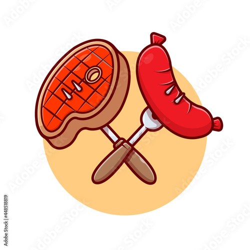 Barbecue Beef And Sausage Cartoon Vector Icon Illustration. Food Object Icon Concept Isolated Premium Vector. Flat Cartoon Style