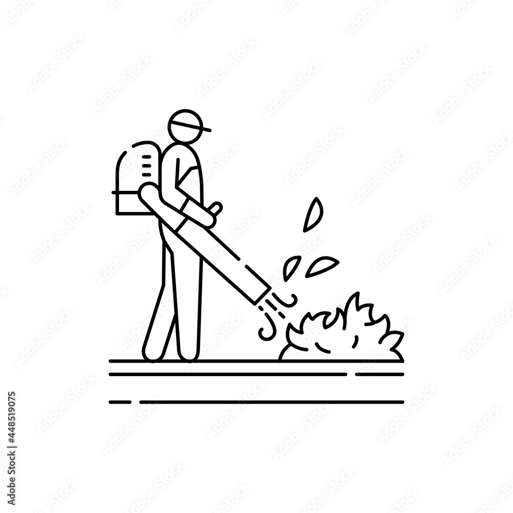 Fototapeta premium Leaf blower cleaning olor line icon. Garden service.