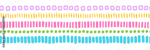 Abstract shapes seamless vector border. Repeating horizontal pattern colorful hand drawn stripes, dots, brush strokes illustration. Kids banner, footer, divider, fabric trim, ribbon, wall decal s photo