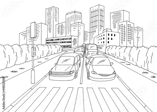 Traffic jam street crosswalk road graphic black white city landscape sketch illustration vector 