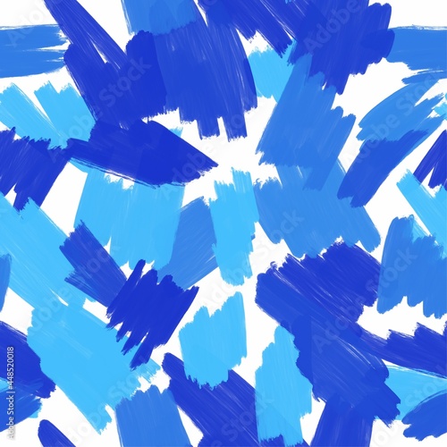 Seamless pattern. Blue strokes of paint, brush strokes on a white background.