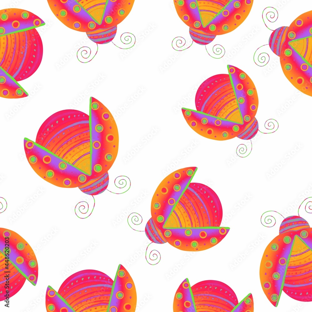 Ladybugs, ladybirds. Seamless pattern. Colored insects on a white background.