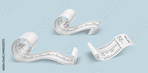 Rolled payment check 3d set. Buying financial invoice bill purchasing calculate pay isolated