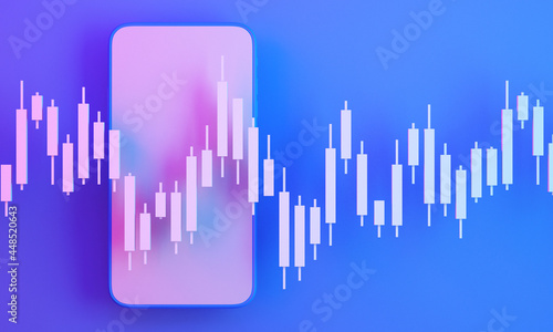 Candle stick graph chart of online stock market trading with mobile phone  3d render illustration background