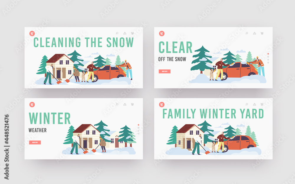 Family Cleaning Snow Landing Page Template Set. Happy Character Parents and Kids Shoveling Snow from House Yard