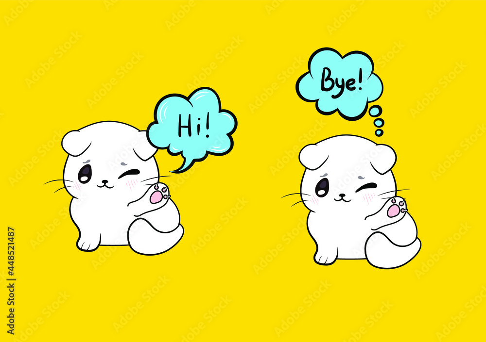 Vector cute kittens with talk bubbles on bright yellow background, comic style cats.
