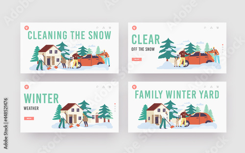 Wallpaper Mural Family Cleaning Snow Landing Page Template Set. Happy Character Parents and Kids Shoveling Snow from House Yard Torontodigital.ca