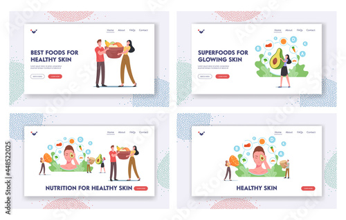 Food for Healthy Skin Landing Page Template Set. Tiny Characters at Huge Female Head with Avocado, Vegetables and Fruits