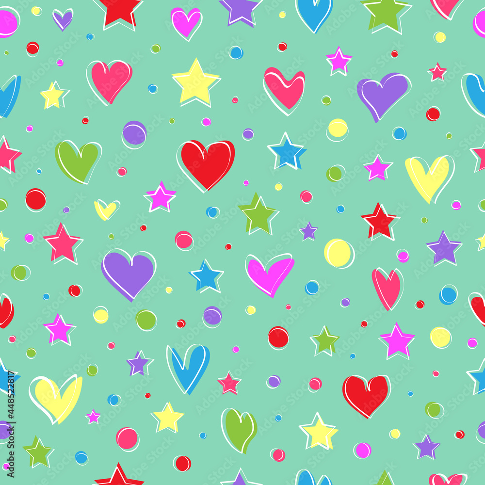 Pattern of hearts, stars and circles in straight style on mint background