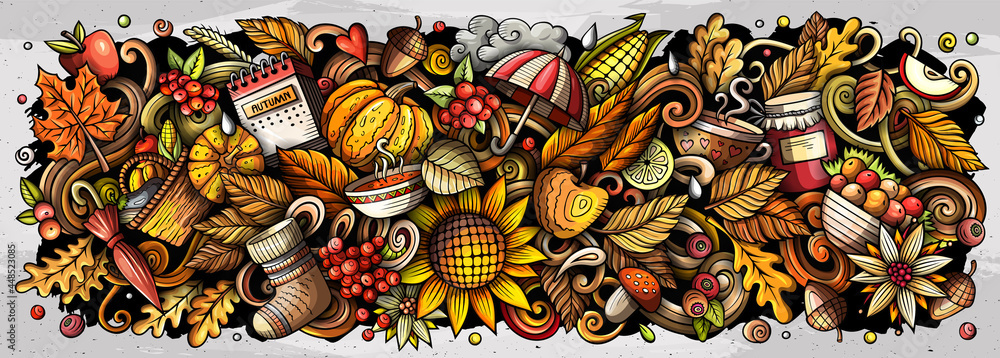 Autumn nature hand drawn cartoon doodle illustration. Funny seasonal design.