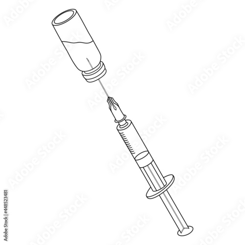Syringe for injection. Draw liquid medicine from the bottle. Sketch. Medical instrument. Vector illustration. Coloring book . Sharp needle. Patient treatment. Outline on an isolated white background. 