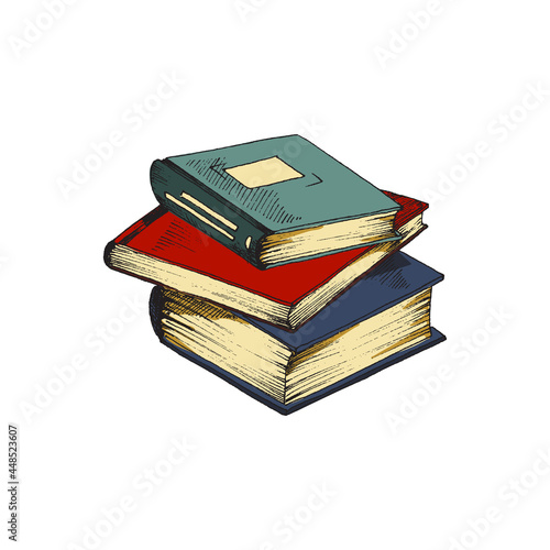 Vector color hand drawn illustration of stack of books isolated on white background. Symbol of education and science.