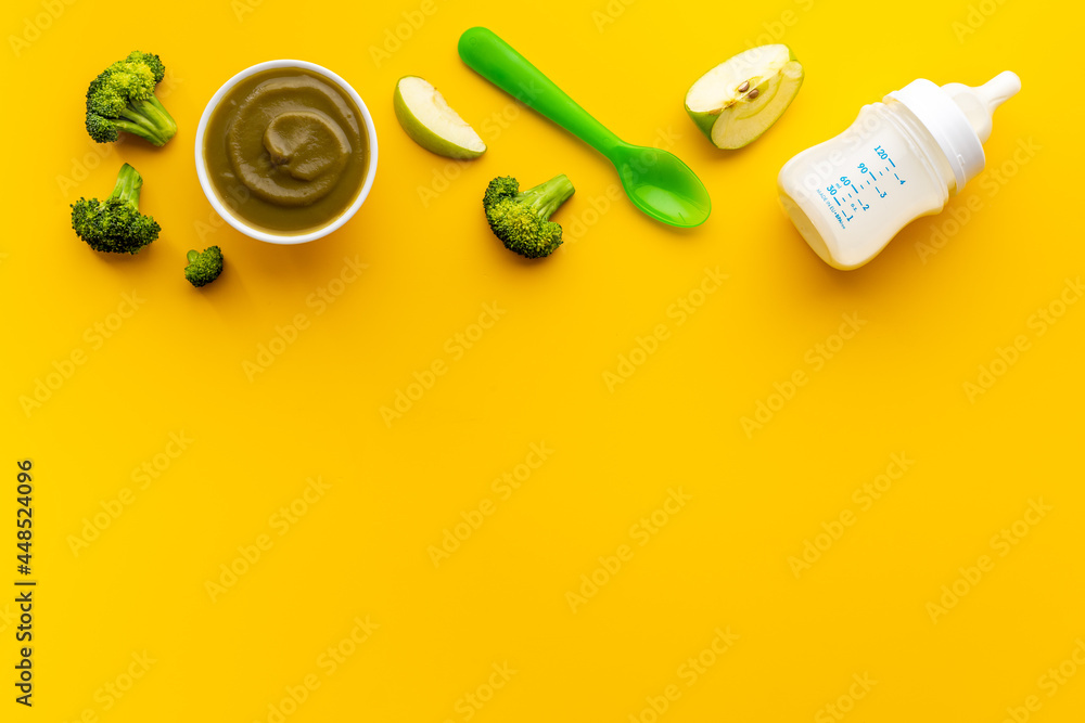 Baby fruits vegetables food with milk bottle and toy Baby fruits vegetables food with milk bottle and toy