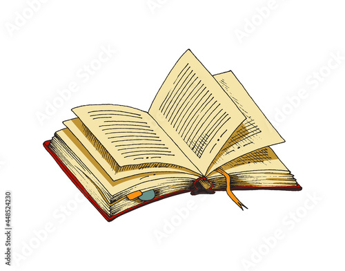 Hand drawn open old book with paper pages, cartoon vector illustration isolated.