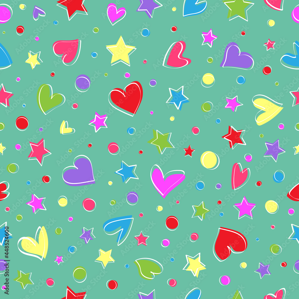 Pattern of hearts, stars and circles in random style on mint background Pattern of hearts, stars and circles in random style on mint background