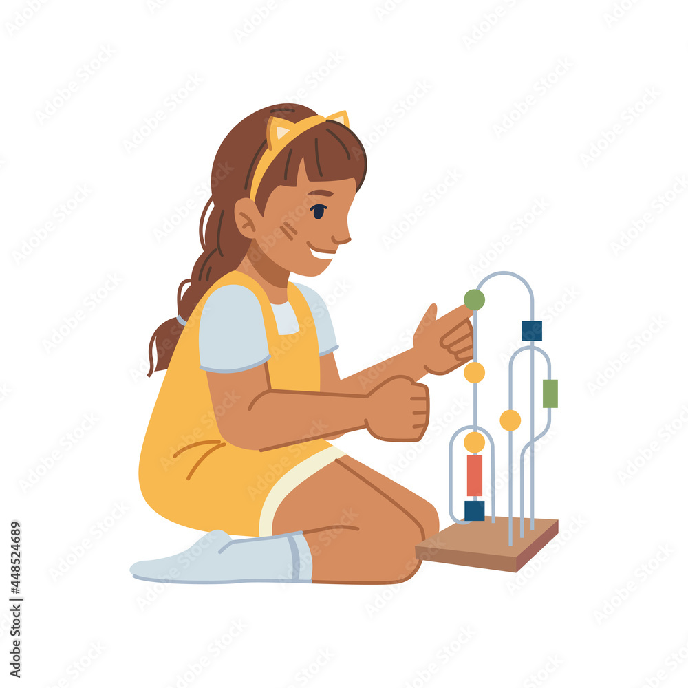 Girl playing with toy developing creativity and thinking, curious kiddo in kindergarten or preschool learning and studying physics with games. Positive child with beads. Flat cartoon character vector Girl playing with toy developing creativity and thinking, curious kiddo in kindergarten or preschool learning and studying physics with games. Positive child with beads. Flat cartoon character vector