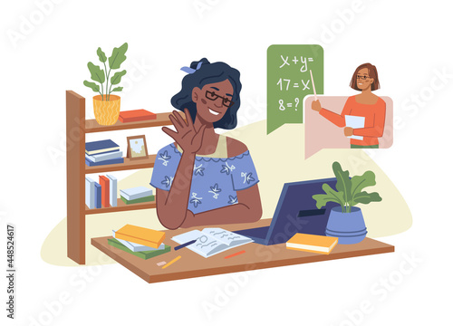 Young afro american girl has online lesson on math, teacher explaining new lesson on video chat, online distance education at home, flat cartoon. Vector virtual study, homeschool coronavirus