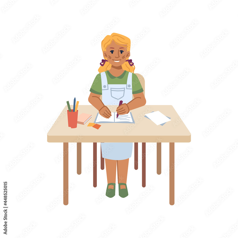 Girl kid sitting by table with school supplies writing down information from lessons and classes. Isolated pupil with textbook and crayons, studying preteen. Flat style cartoon character vector Girl kid sitting by table with school supplies writing down information from lessons and classes. Isolated pupil with textbook and crayons, studying preteen. Flat style cartoon character vector