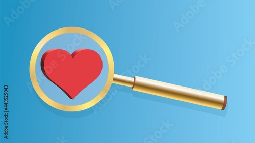 Search for love. Hearth in magnifying glass. Vector illustration. EPS10. Dimension 16:9.