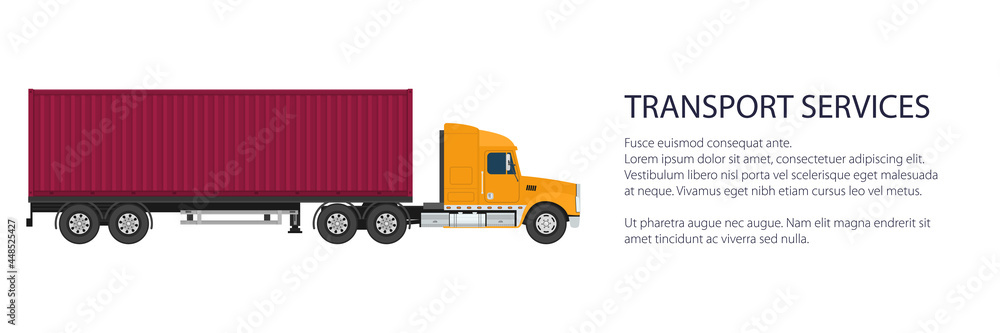 Cargo delivery truck with red cargo container , shipping and freight of goods banner, overland freight transport, vector illustration Cargo delivery truck with red cargo container , shipping and freight of goods banner, overland freight transport, vector illustration