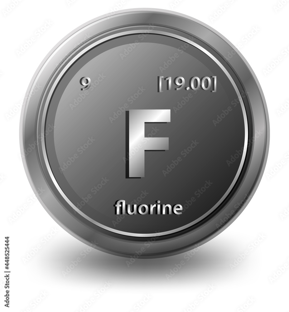 Fluorine chemical element. Chemical symbol with atomic number and atomic mass. Fluorine chemical element. Chemical symbol with atomic number and atomic mass.