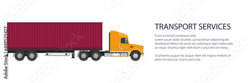 Cargo delivery truck with red cargo container , shipping and freight of goods banner, overland freight transport, vector illustration