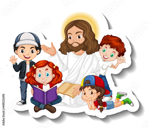 Jesus Christ with children group sticker on white background