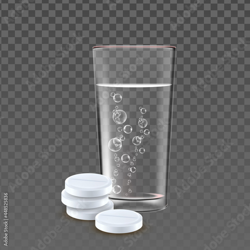 Pills Heap And Glass With Bubble Water Vector. Pharmacy Medicine Treatment Drug Pills And Cup With Natural Healthcare Liquid. Pharmaceutical Therapy Template Realistic 3d Illustration