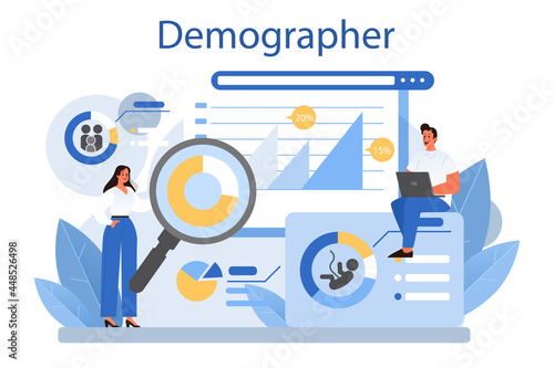 Demographer concept. Scientist studying population growth, analyze data