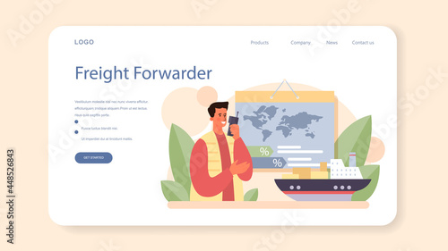 Freight forwarder web banner or landing page. Loader in uniform delivering