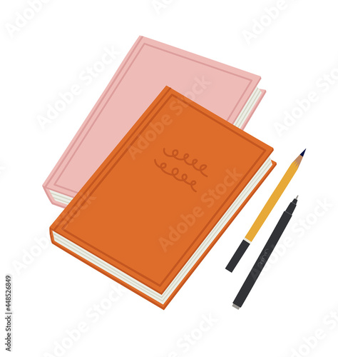 Vector illustration of two books, pencil, marker, isolated on white. Hand-drawn set. Objects for learning, reading, school tools. Suitable for book shops, and publishing houses.