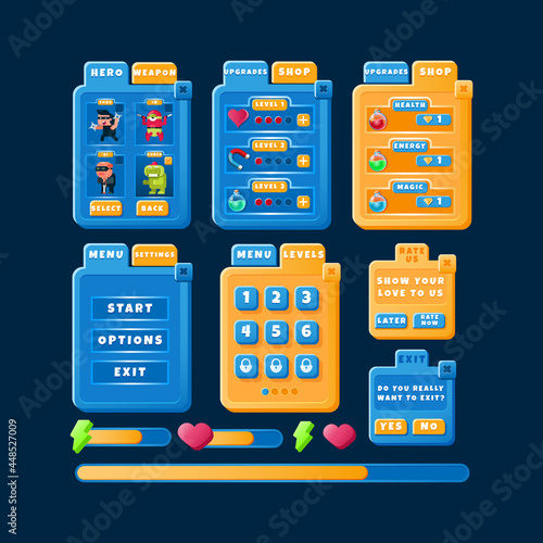 funny modern casual game ui kit design with progress bar and indicator banner icon